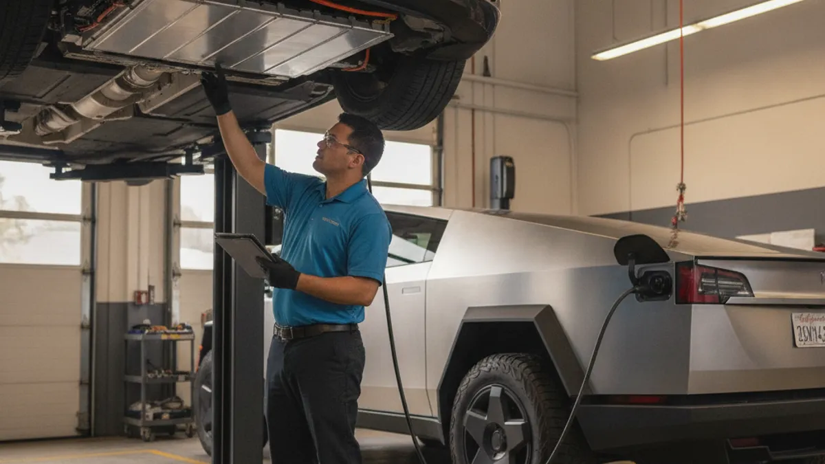A Tesla on a lift in a sunlit service bay, with the underside pack exposed for inspection
