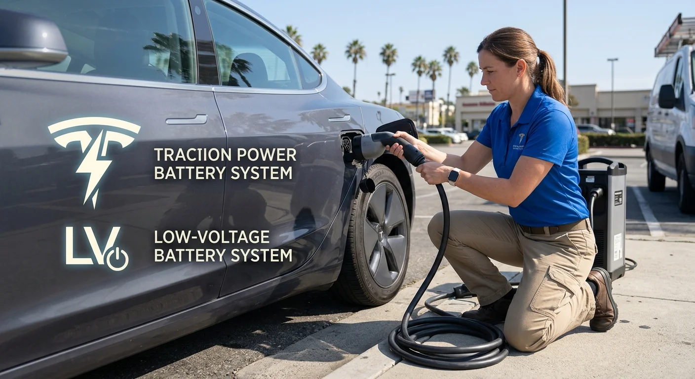 White Tesla sedan in a sunlit concrete garage beside two simple battery-system icons