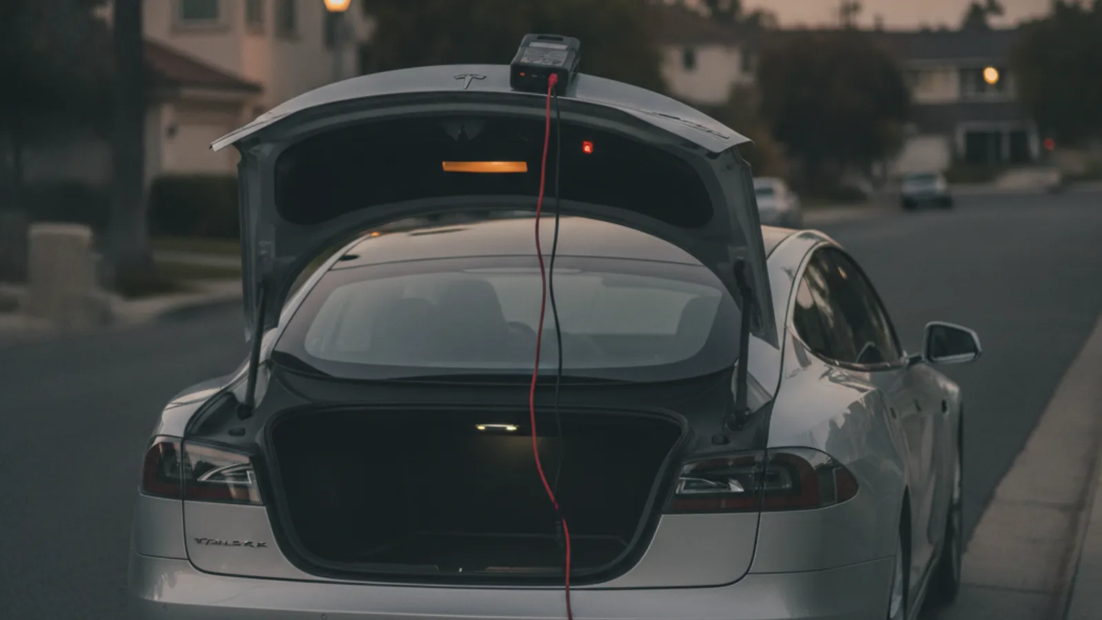Silver Tesla Model S with the frunk open and a lithium jump pack connected, parked on a Southern California street at dusk