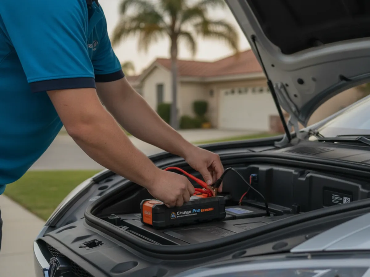 Technician connecting a lithium jump pack to the 12V battery in the open frunk of a silver Tesla Model S in a driveway