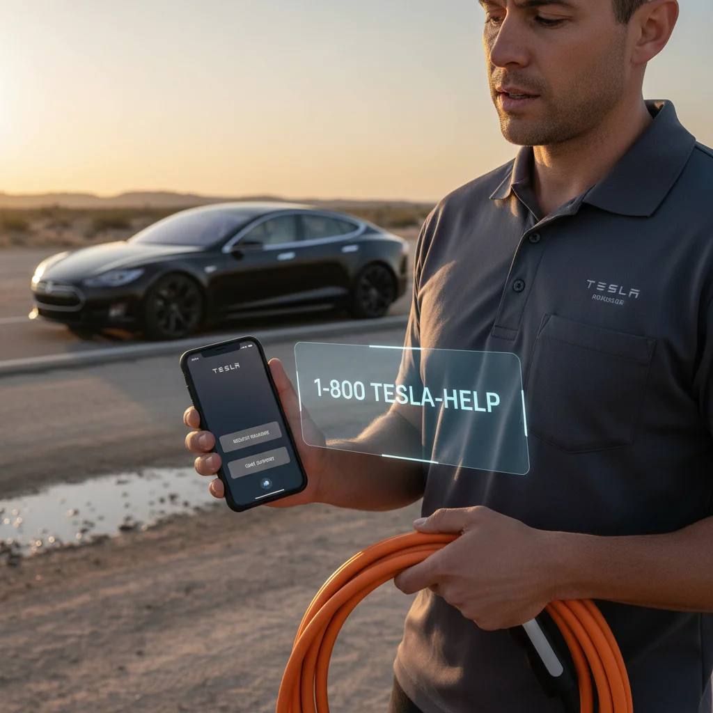 Split view of a live phone-call screen and a Tesla app roadside menu on a photorealistic phone mockup