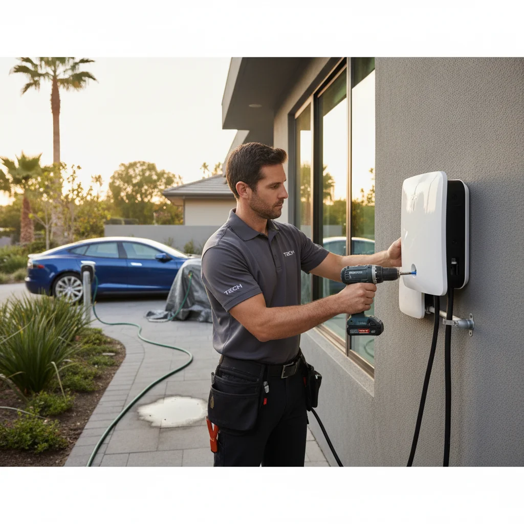 A Tesla sedan on a sunny palm-lined suburban street with a technician at the charge port