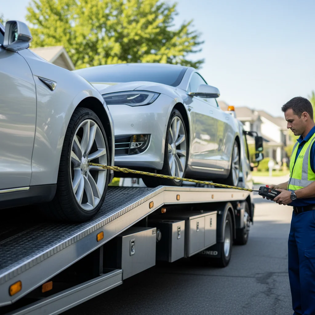 Close-up of a Tesla wheel seated correctly on a flatbed deck.