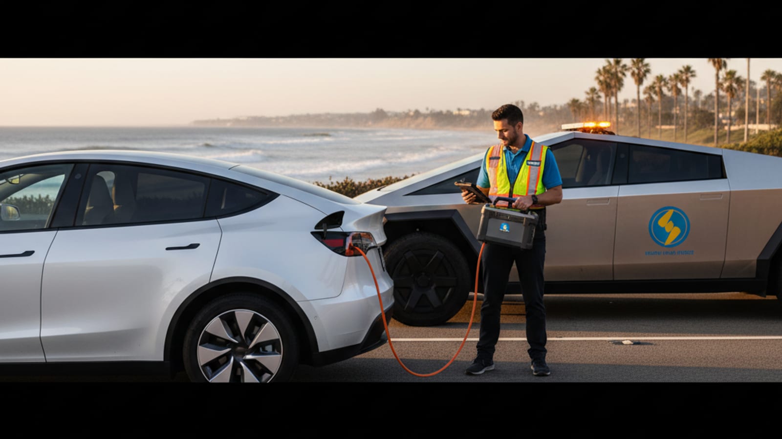 White Tesla on a Southern California freeway shoulder with hazard lights on in daylight traffic