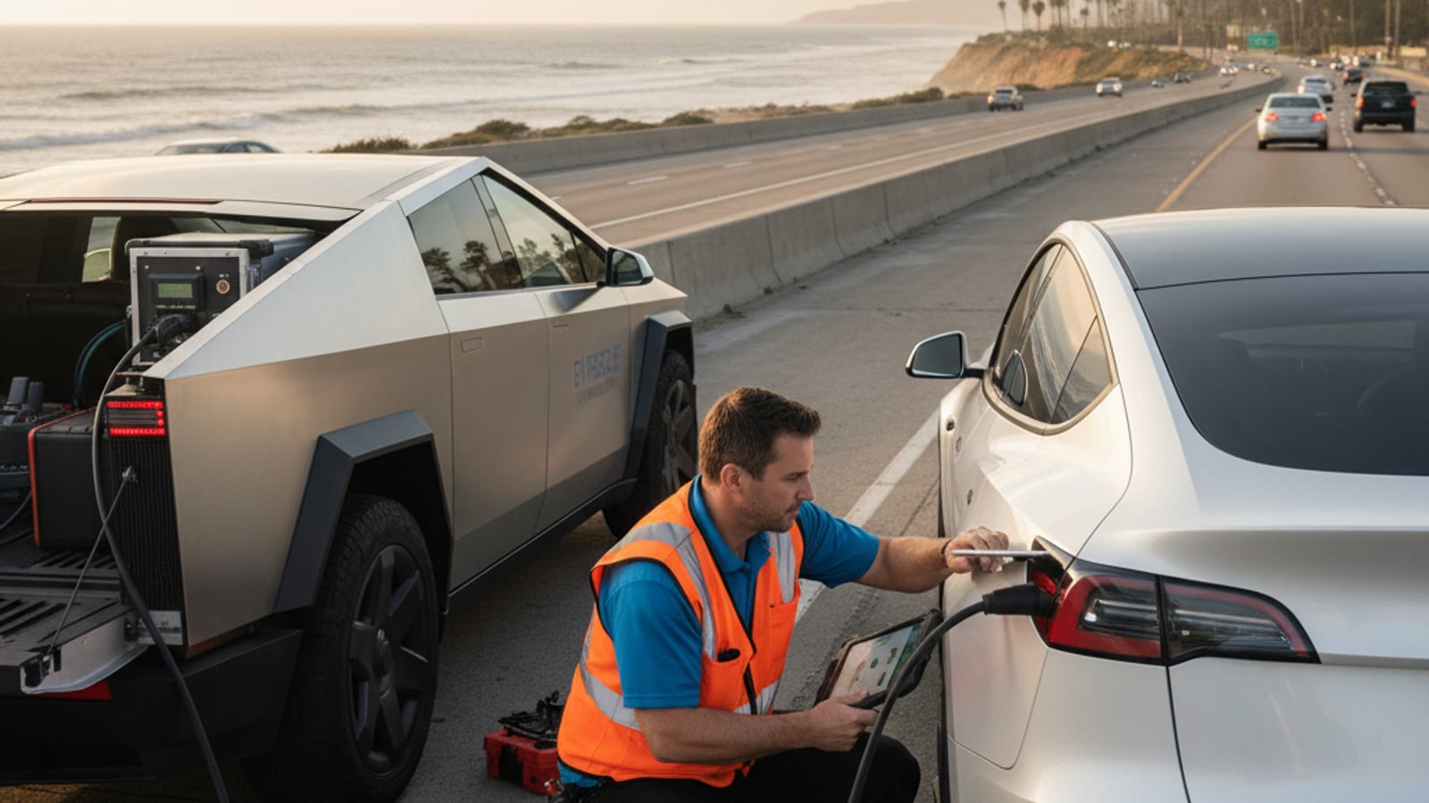 A white Tesla on a sunny freeway shoulder while a driver checks a phone