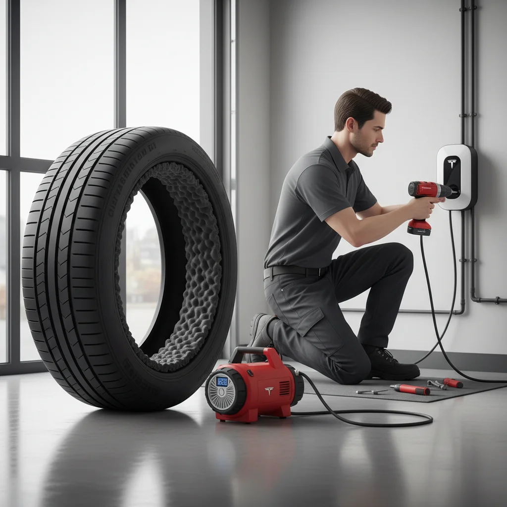 Acoustic foam-lined EV tire on a shop floor next to a portable sealant compressor