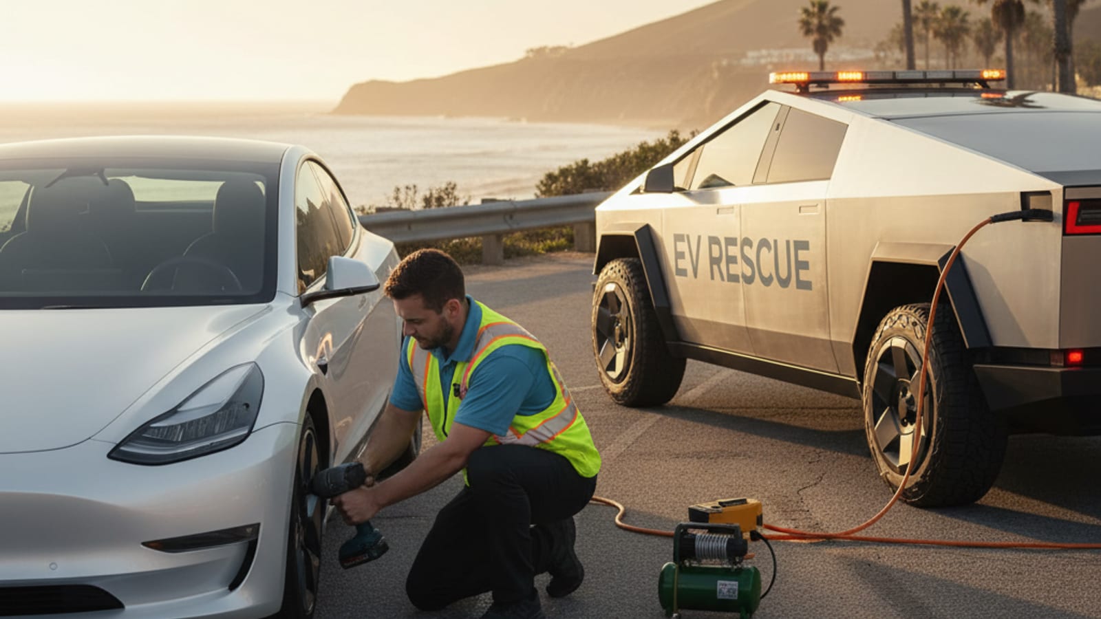 White Tesla on a dry Southern California freeway shoulder with a deflated rear tire and hazard lights on