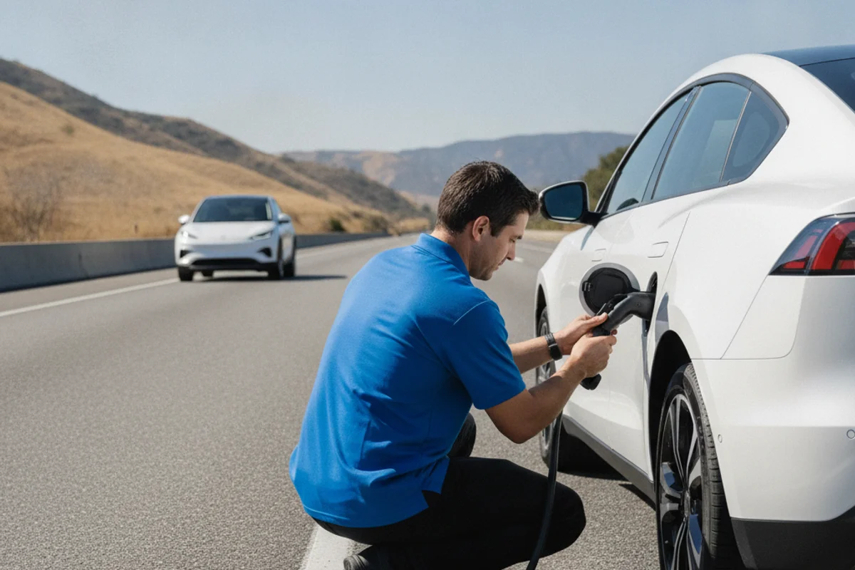 A technician with a mobile charger beside an electric car on a freeway shoulder