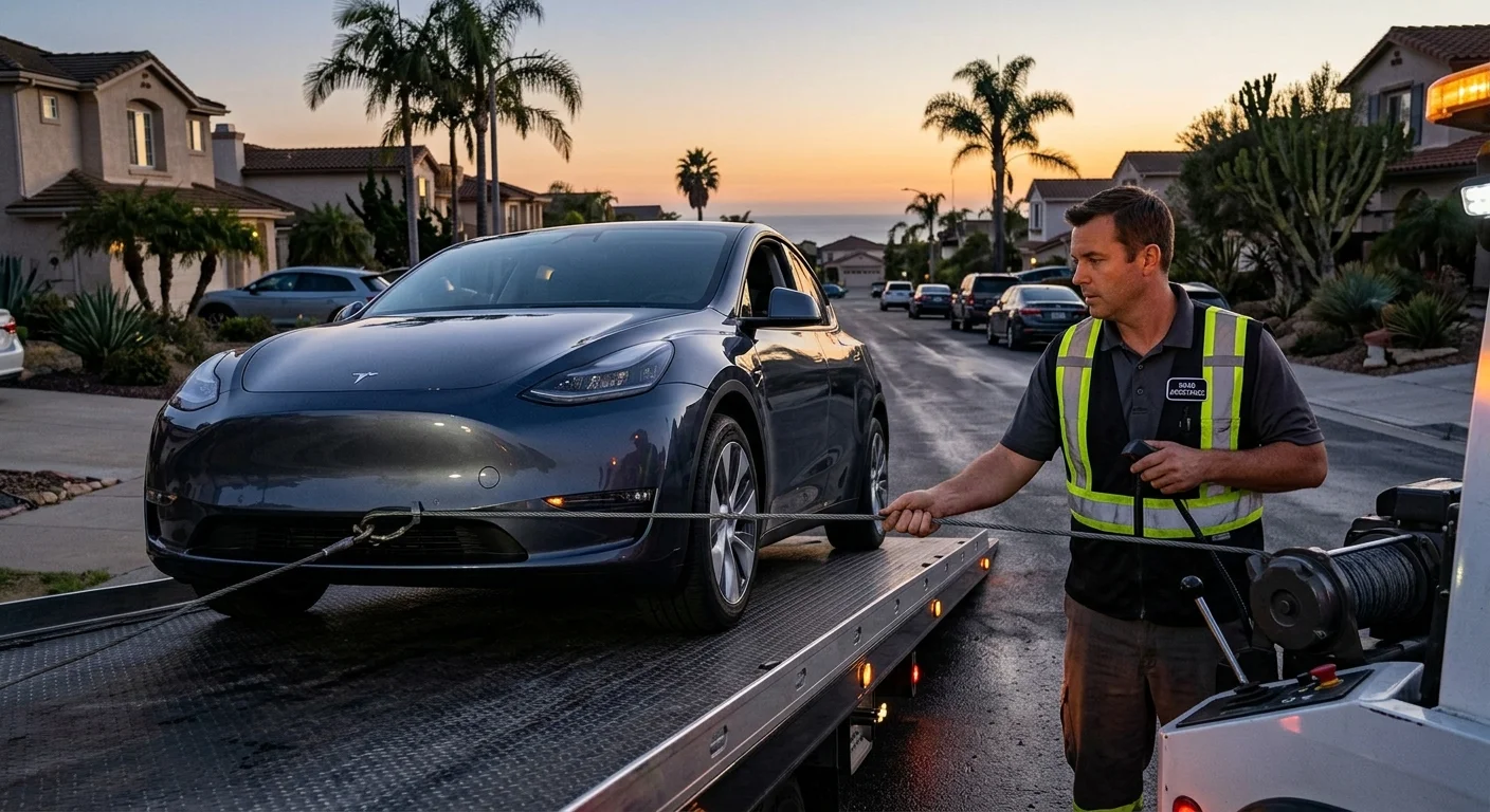 Tesla on a flatbed at dusk, wheels straight, a technician guiding the winch cable