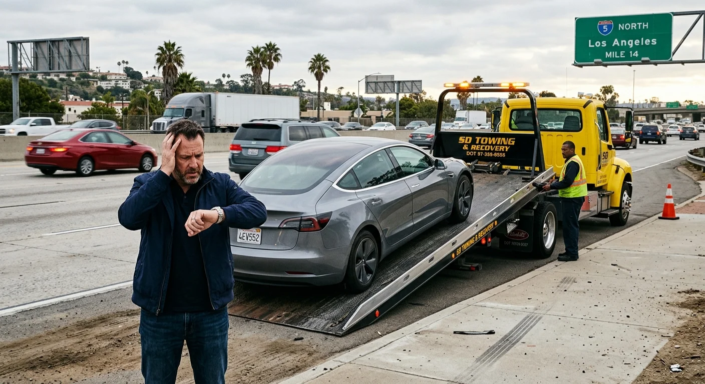 A flatbed tow truck loading an electric car on a Southern California freeway shoulder