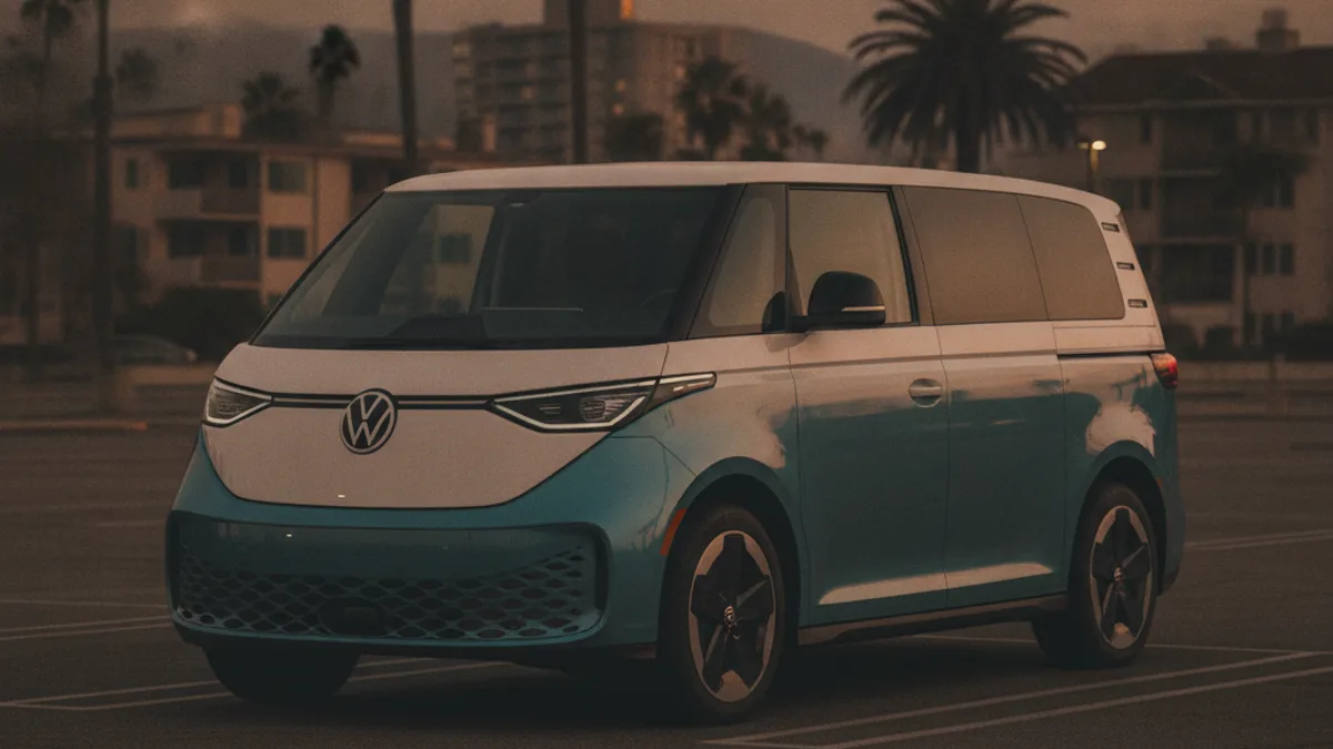Volkswagen ID.Buzz in a sunny Southern California parking lot with a dark, unlit dashboard