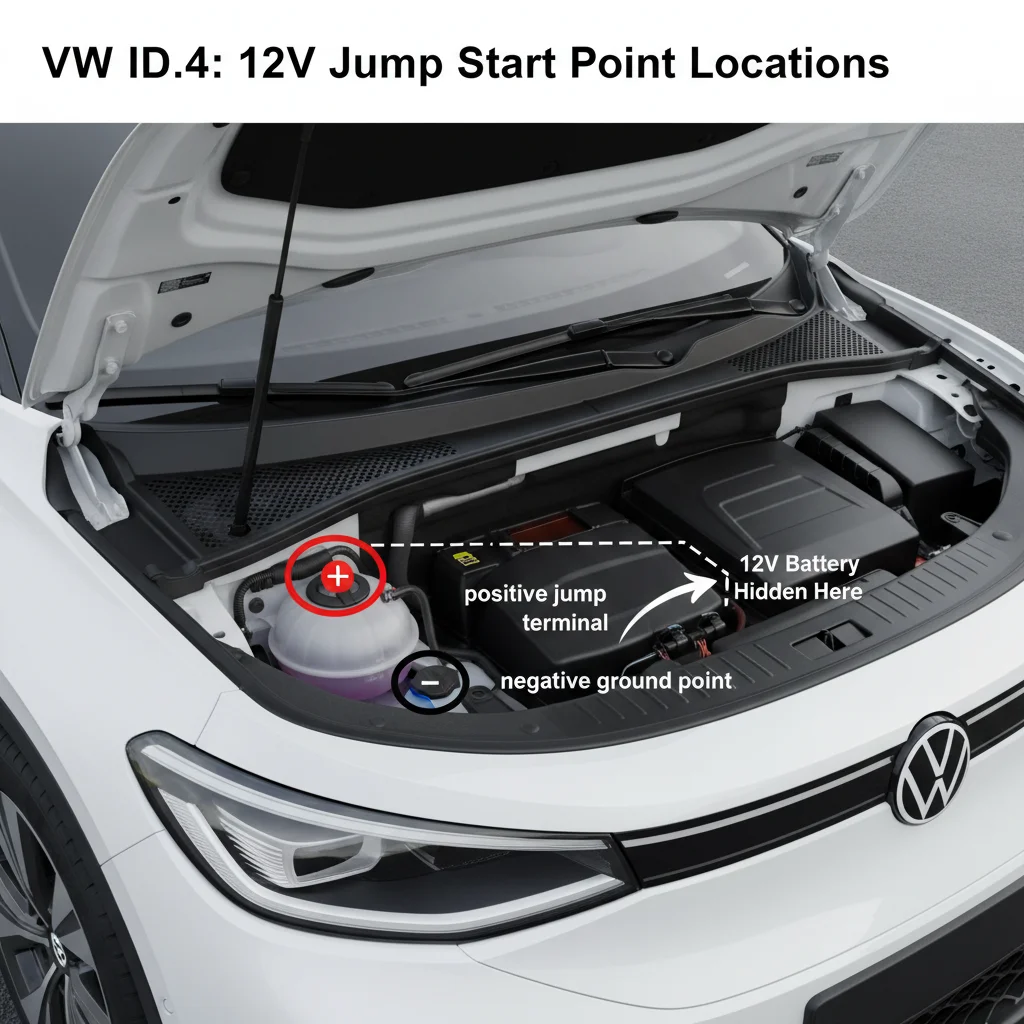 A compact electric SUV with its hood raised in a sunlit parking lot, jumper cables on under-hood posts