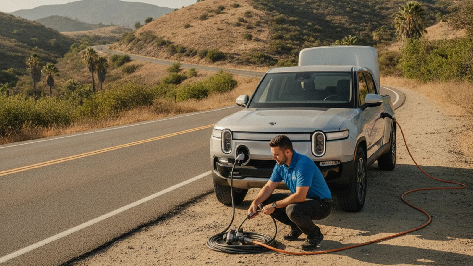 A driver opens an electric truck's charge port beside a public charging island