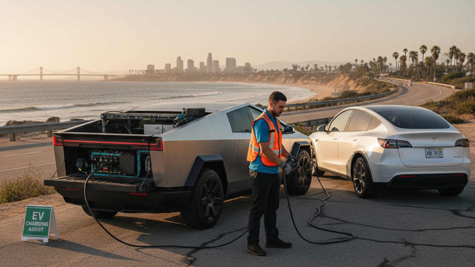 An electric car parked on a palm-lined Southern California street beside a mobile charging van