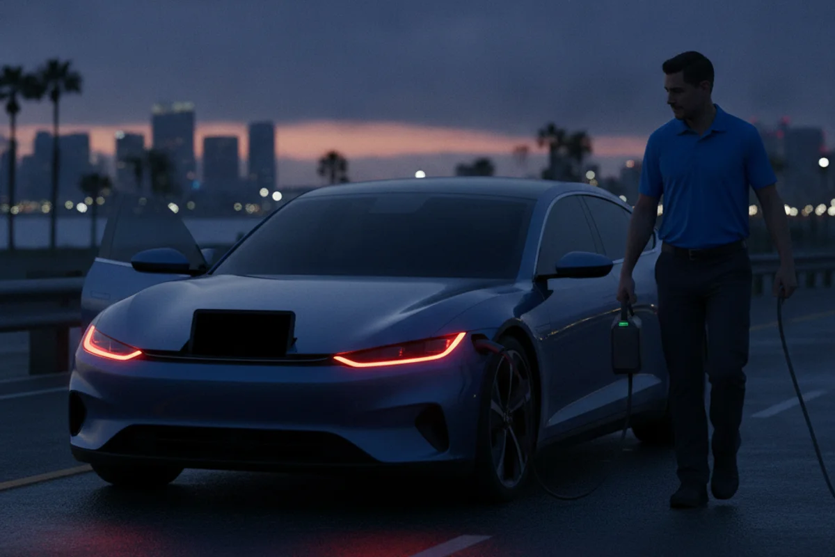 An EV at dusk on a roadside with doors ajar as a technician walks up with a jump pack