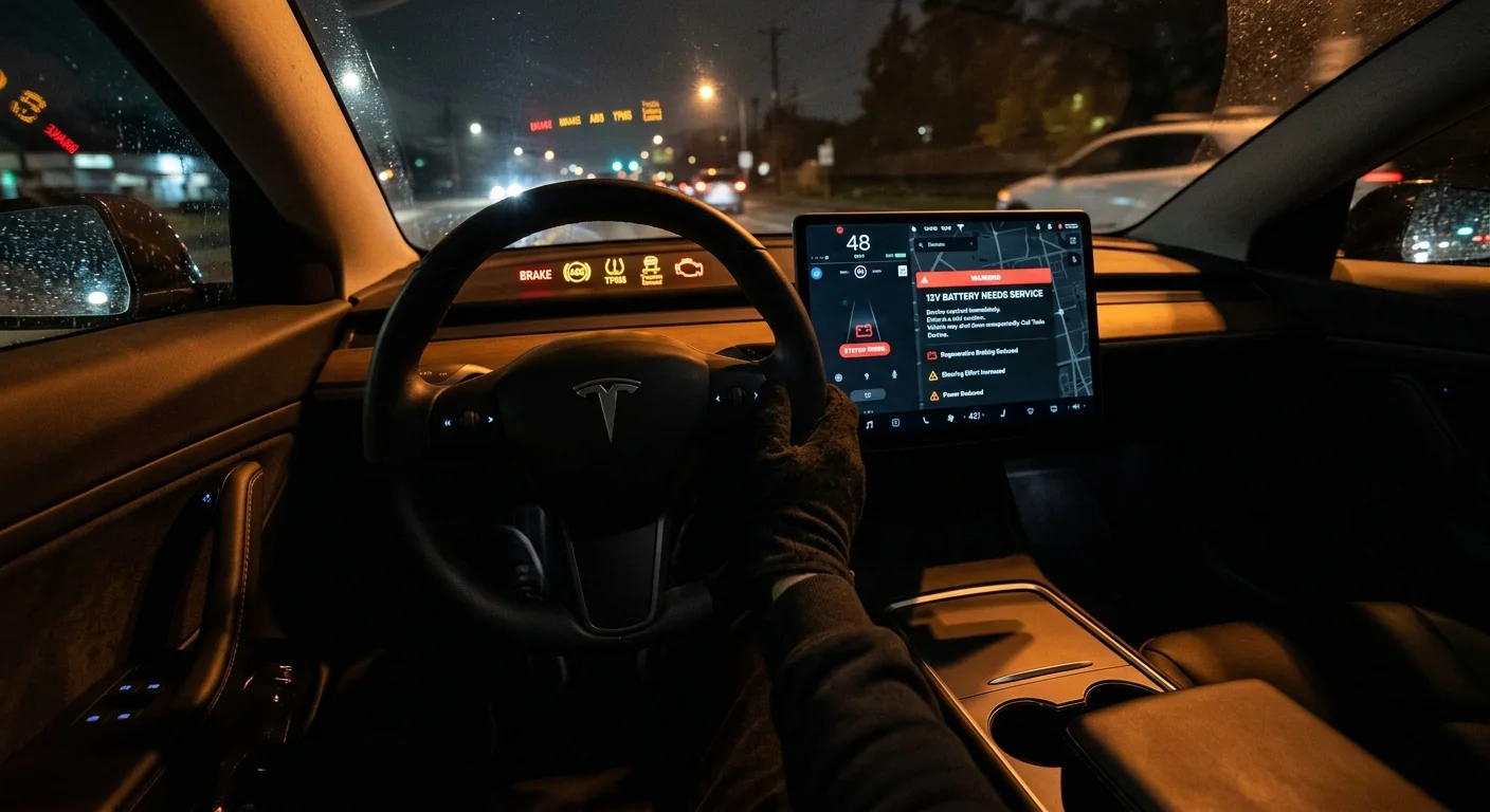 Parked EV in a palm-lined suburban driveway with a dark dashboard visible through the windshield