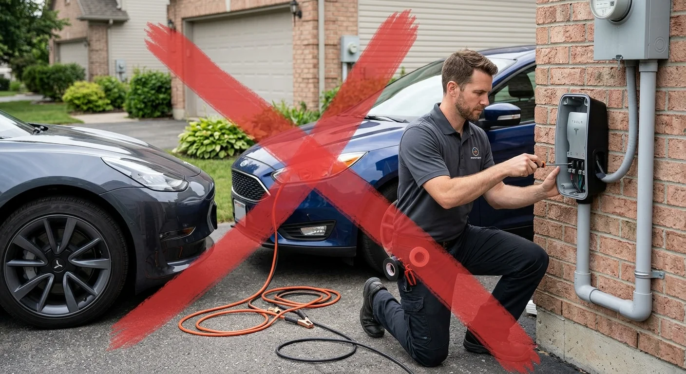 A Tesla parked close to a gas sedan with jumper cables on the pavement between them and a red X over the scene