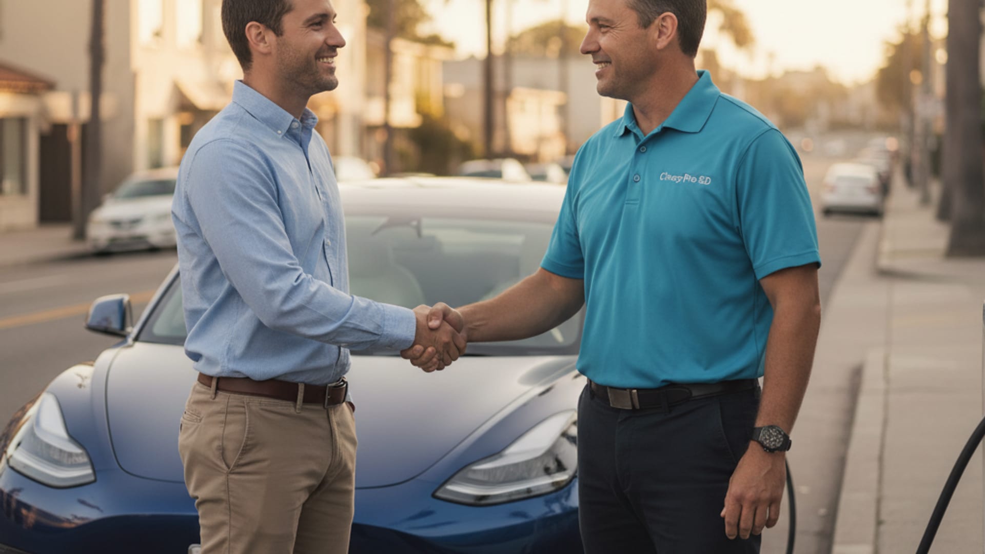 A mobile EV rescue technician in an electric-blue polo shaking hands with a relieved Tesla owner beside a Model 3 on an Orange County street at golden hour