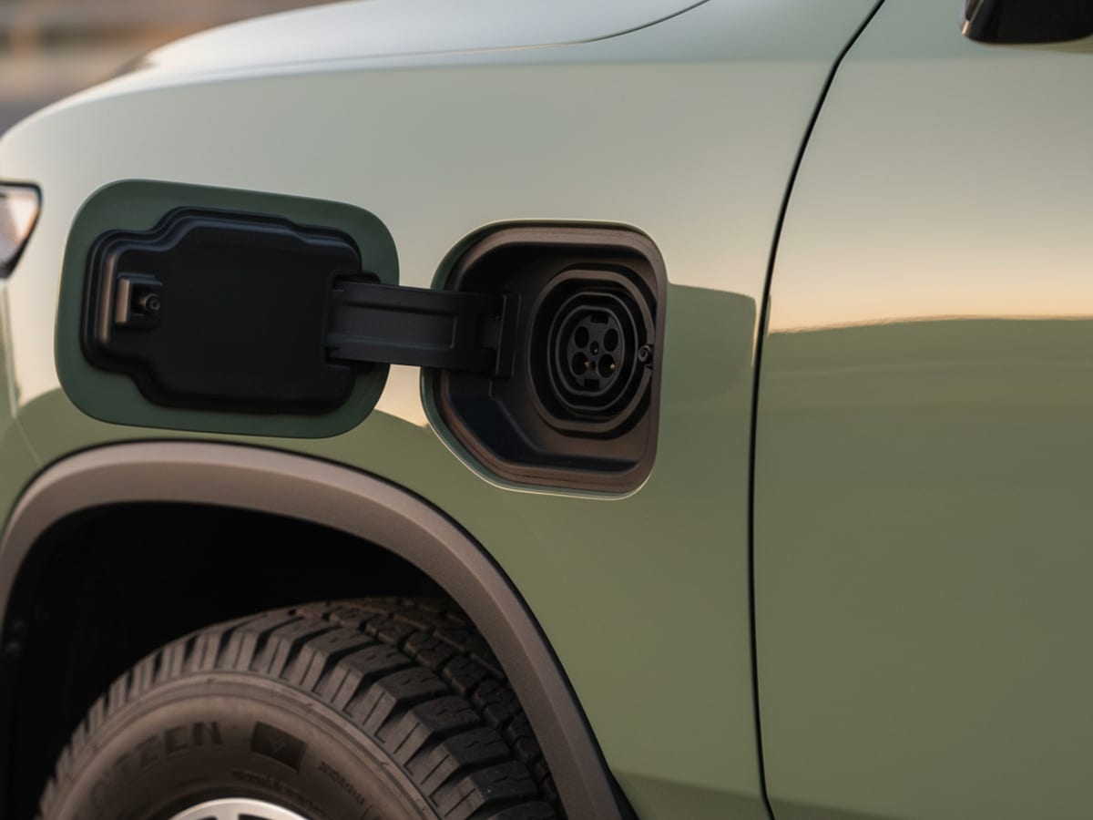 A mobile EV rescue technician connecting a CCS adapter on a NACS charging cable to a stranded Rivian R1T charge port