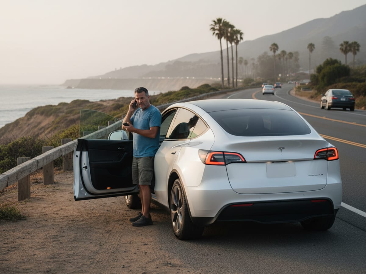 A mobile EV rescue technician connecting a NACS charging cable to a stranded Tesla Model Y charge port on an Orange County street
